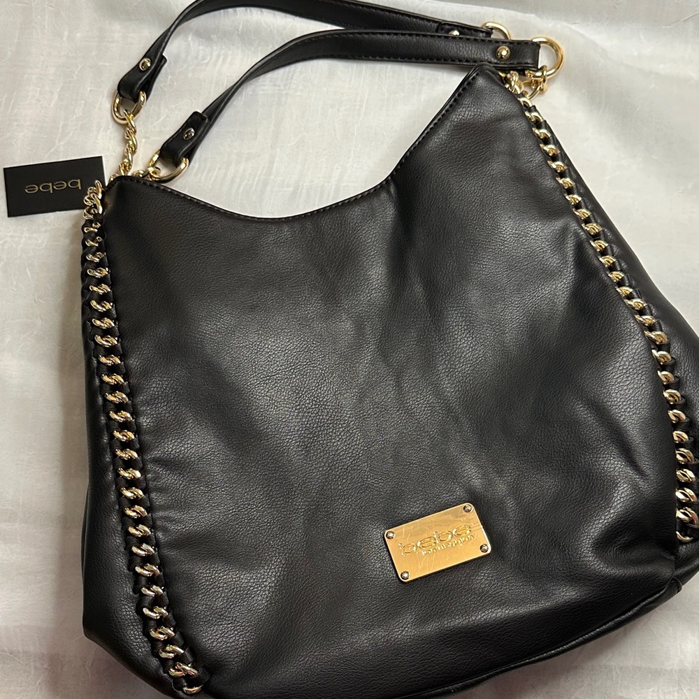 NWT! Bebe Black Shoulder Bag with Gold Chain